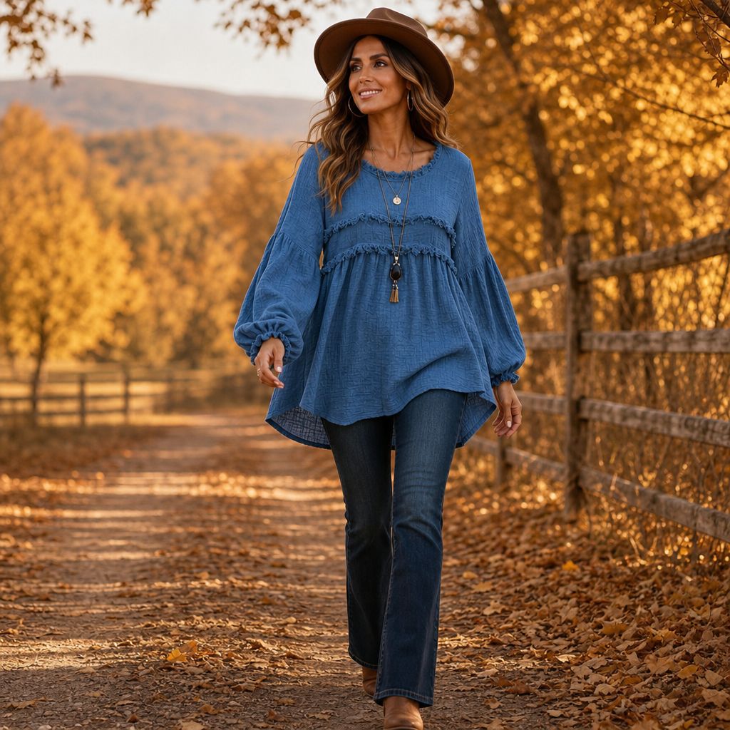 Wovella – Blus Boho z Falbanką i Plisowanymi RęKaffemi
