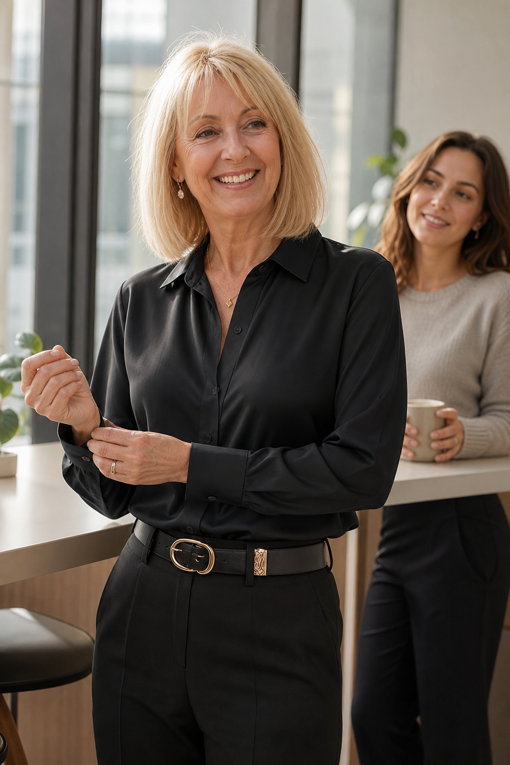 Placket &amp; Poise – Blus z ukrytym stängning, satynowa, med lång ärm
