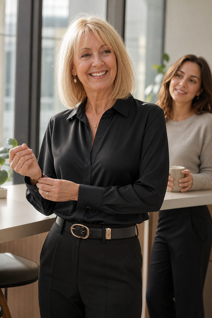 Placket &amp; Poise – Blus z ukrytym stängning, satynowa, med lång ärm