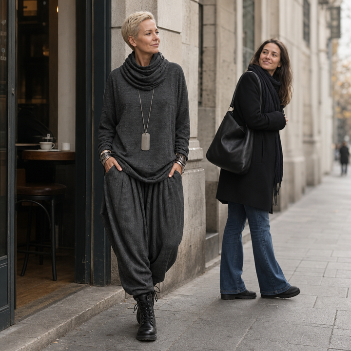 Pinstripe Poise – Set z Drapowanym Topem z Hög Urringning i Spodniami i form av Latarni
