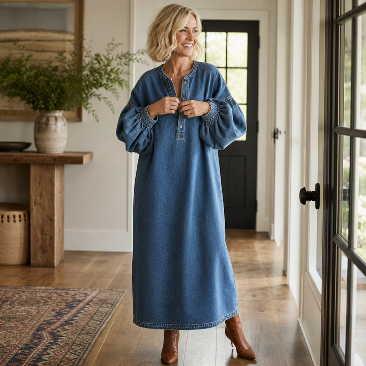 Denimelle – Lång klänning maxi w stilu dżinsowym med lång ärm