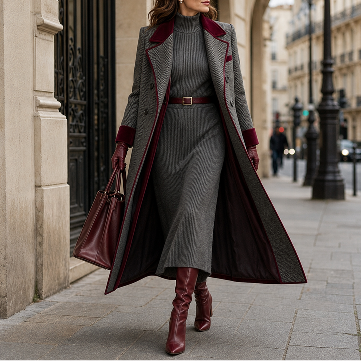Veloura – Burgundy Lång Kappa w Jodełkę