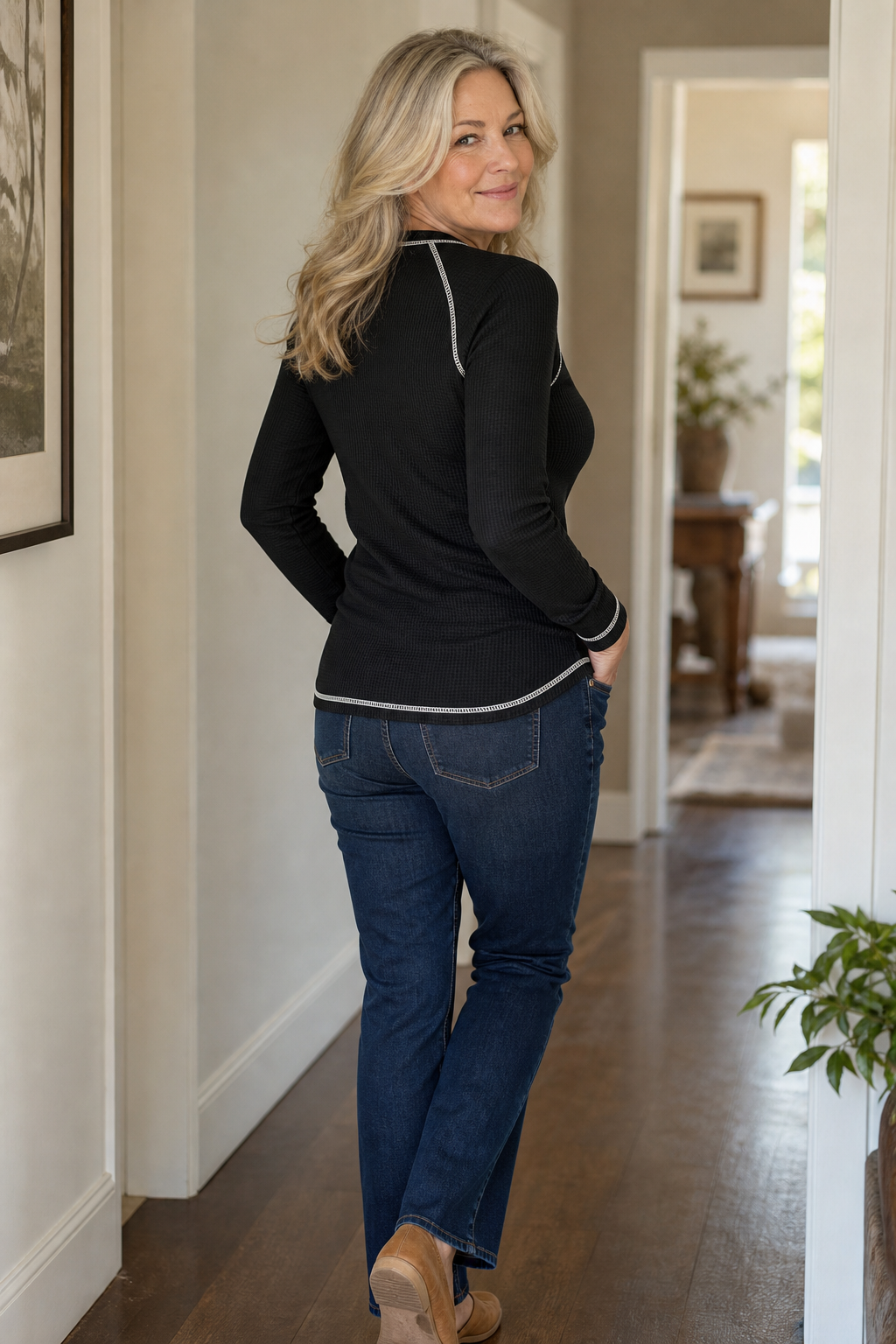 Wearbella – Top Henley z Waffle Knit i Kontrastowymi Szwami