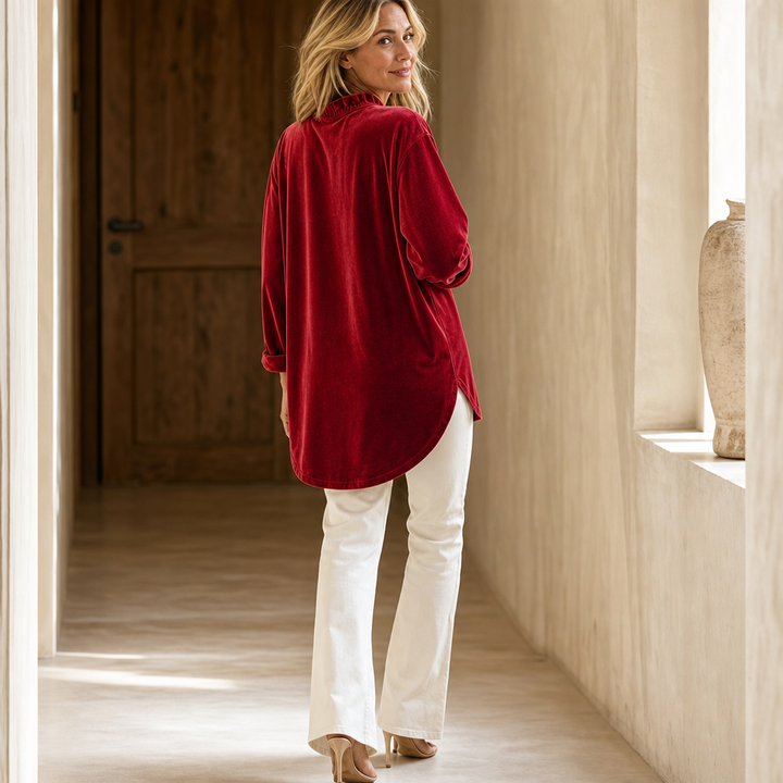 Rufflet – Blus z weluru z falbaniastym urringning i form av litery V