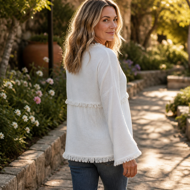 Wearbella – Blus z frędzlami, urringning w v-ringning, lång ärm