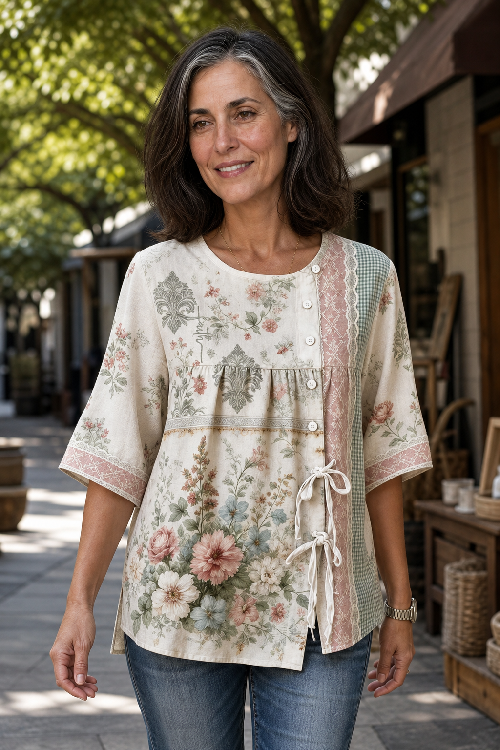 Ninetysecond – Retro Blommig Blus z Bokiem på Knappar