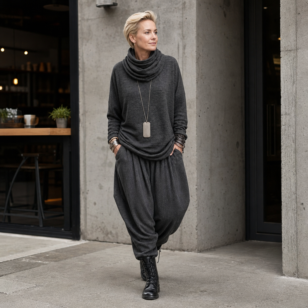 Pinstripe Poise – Set z Drapowanym Topem z Hög Urringning i Spodniami i form av Latarni