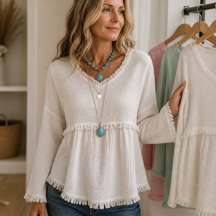 Wearbella – Blus z frędzlami, urringning w v-ringning, lång ärm
