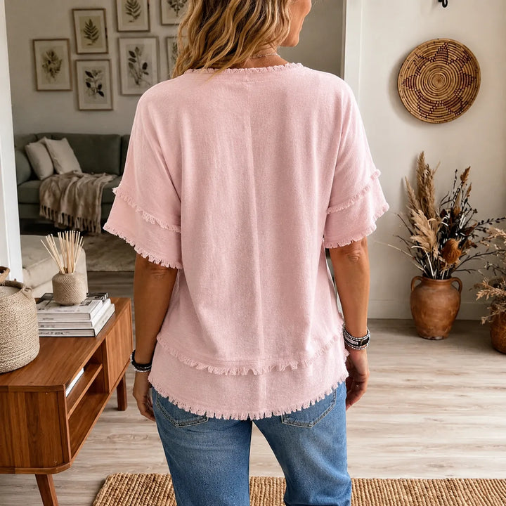 Lorelei – Boho T-shirt z frędzlami w dekolcie V för kvinnor, lös passform maskujący mage