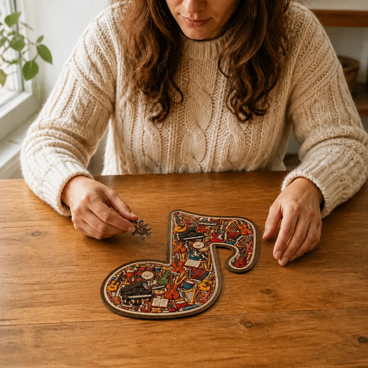 Melora – Puzzle i form av nuty muzycznej z drewnianym wyglądem, w setie z podstawą för wyświetlania