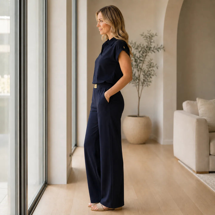 Loriana – Set dam, polo med kort ärm i breda spodniami