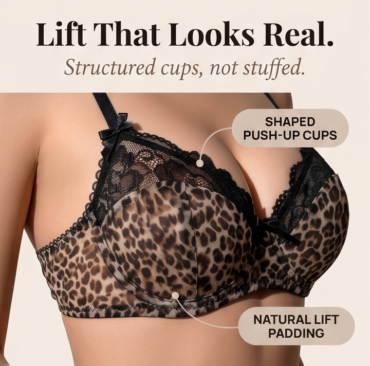 Luxette – Set biustonosza push-up z spets w leopardmönster i majtek
