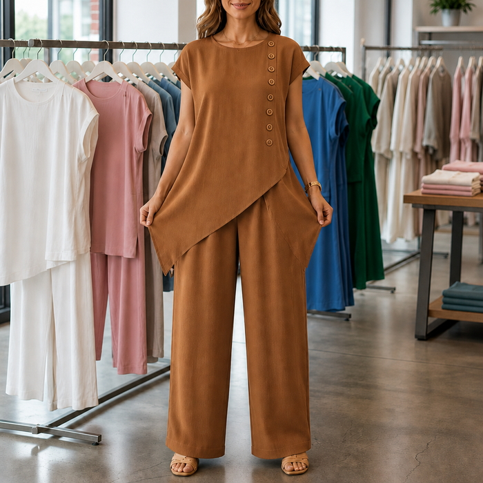 Wearbella – Asymetryczna blus z nierównym dołem i set byxor w luźnym kroju
