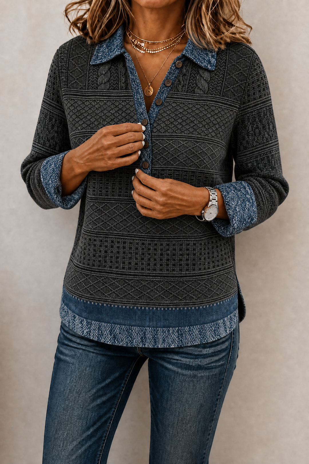 Layerlyn – Blus dzianinowa z denimu w patchworkowym wzorze