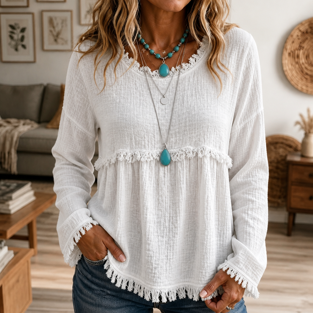Wearbella – Blus z frędzlami, urringning w v-ringning, lång ärm