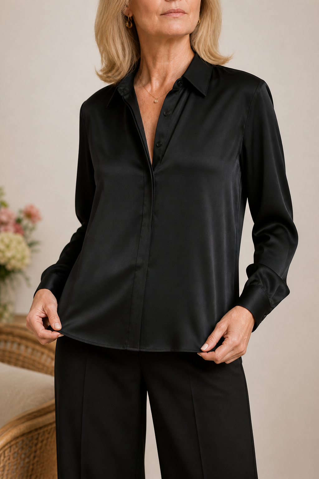 Placket &amp; Poise – Blus z ukrytym stängning, satynowa, med lång ärm