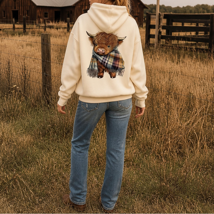 Highland Hearth – Tröja z kapturem z polarem w środku z grafiką Highland Cow