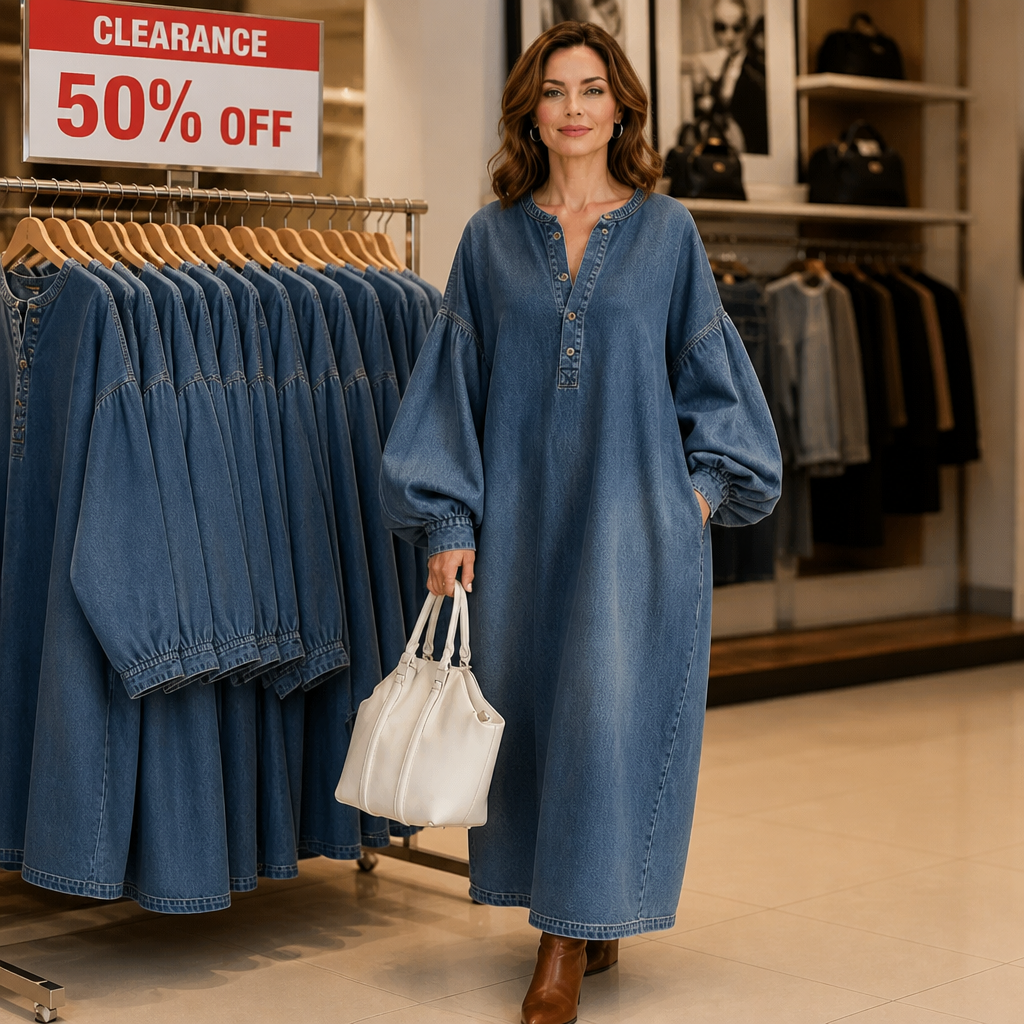 Denara – Klänning maxi z denimu z lanternowymi ręKaffemi i półguzikami