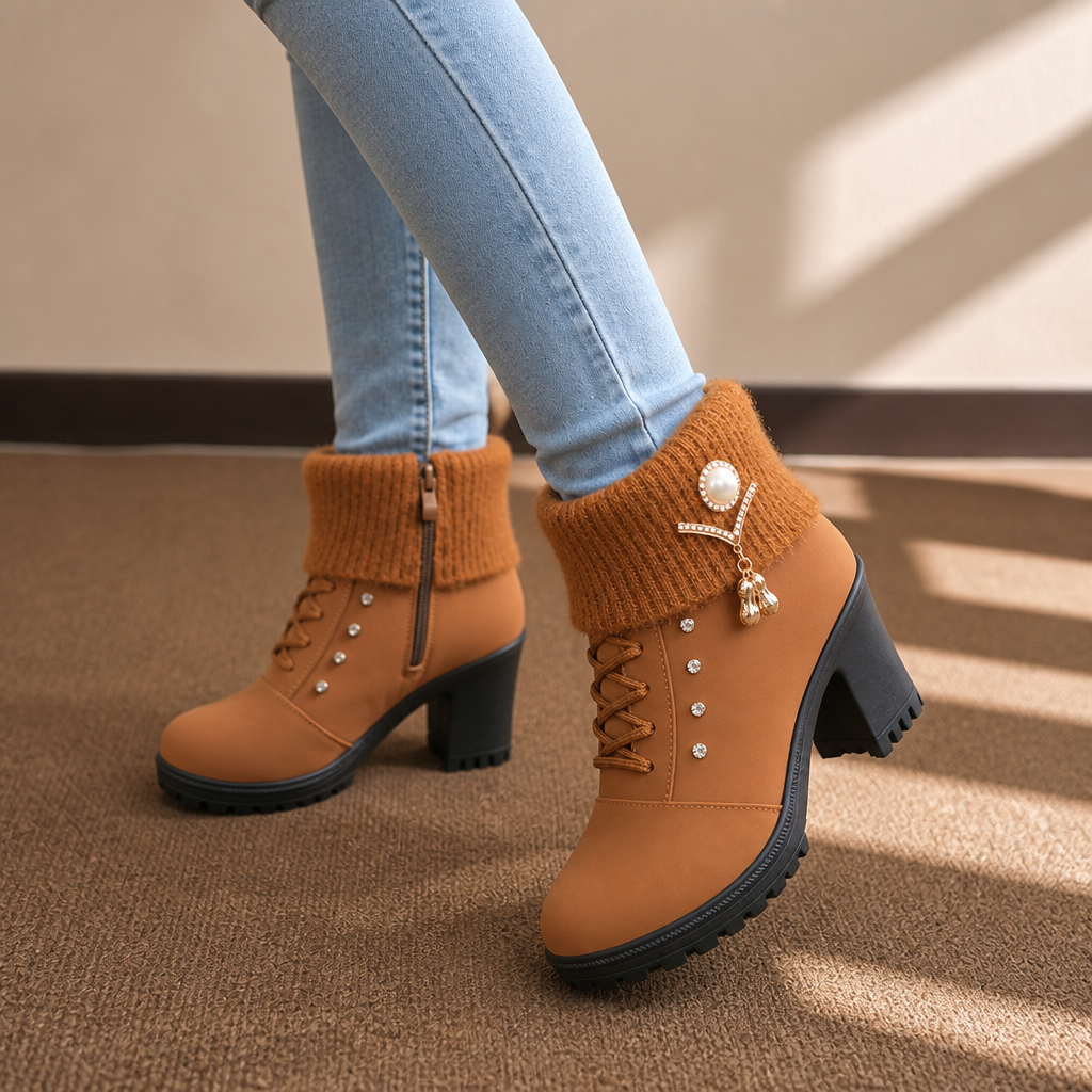 Wearbella – Boots med klack z futrzanym finish i kamieniami