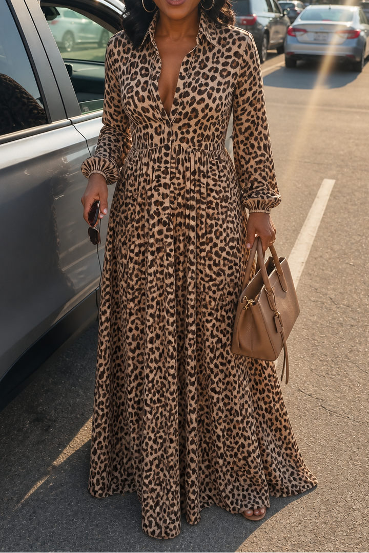 Leocara – Klänning maxi w leopardmönster z guzikiem framtill