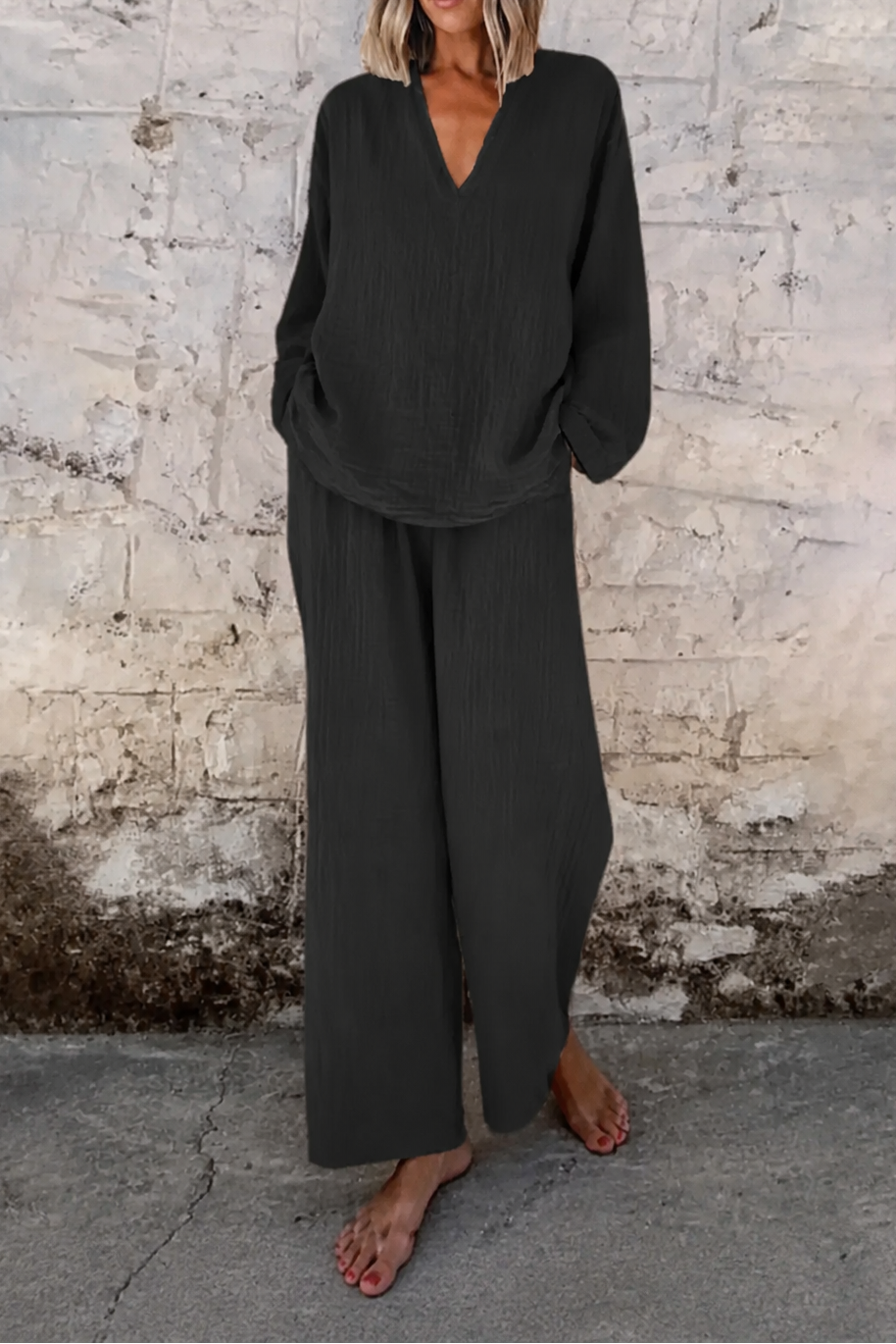 Wearbella – Set topu z urringning w v-ringning i byxor szerokich