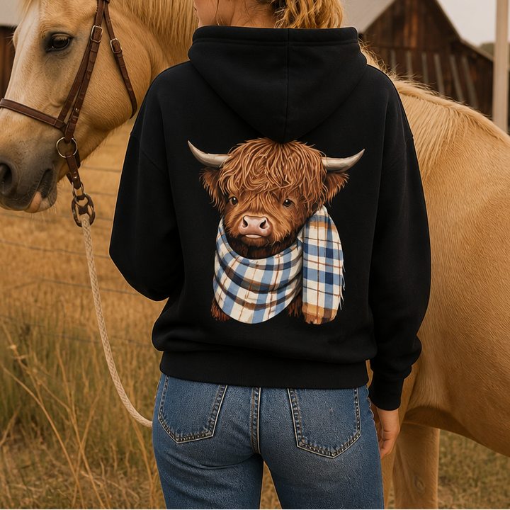 Highland Hearth – Tröja z kapturem z polarem w środku z grafiką Highland Cow