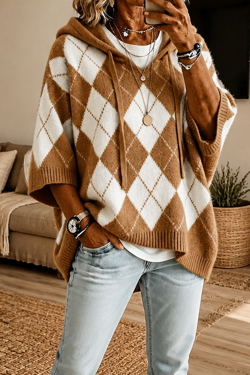 Wrapbella – Tröja Poncho z Kapturem w Mönster Argyle