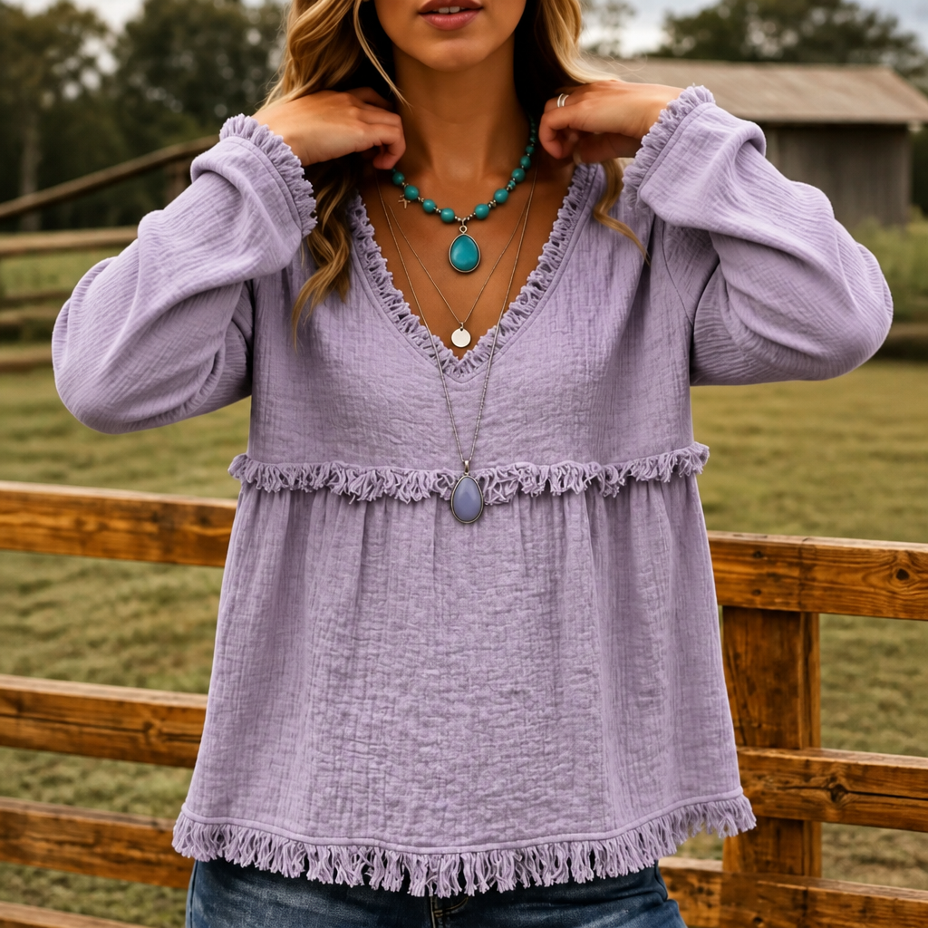 Wearbella – Blus z frędzlami, urringning w v-ringning, lång ärm