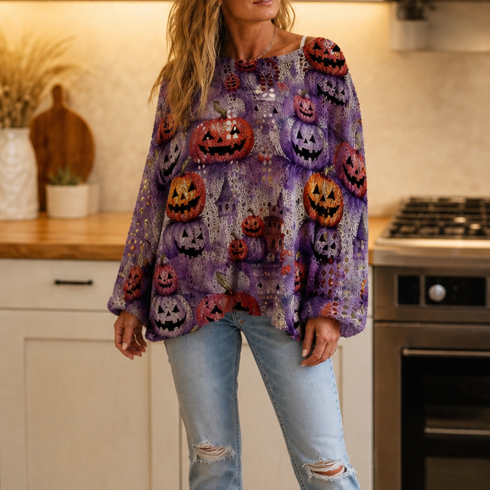 Harvestknit – Tröja z intarsjami w dynie i nietoperze