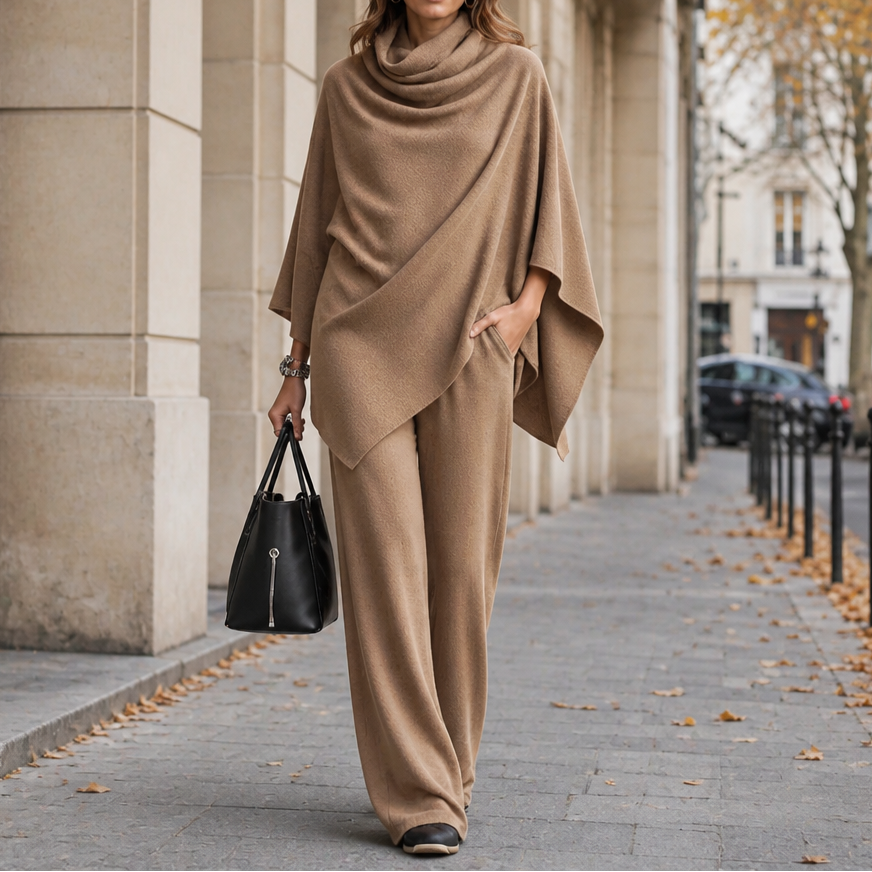 Draperie – Blus z kapturem i breda spodniami