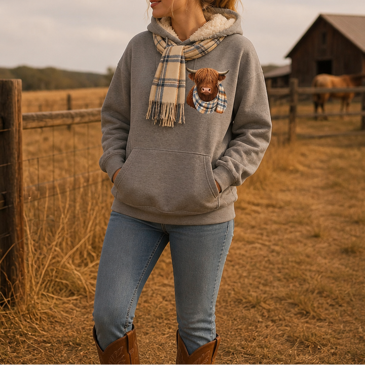 Highland Hearth – Tröja z kapturem z polarem w środku z grafiką Highland Cow