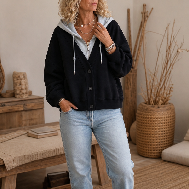 Layerelle – Färgowy Blokowany Hoodie z Faux-Warstwą i Urringning w V-ringning