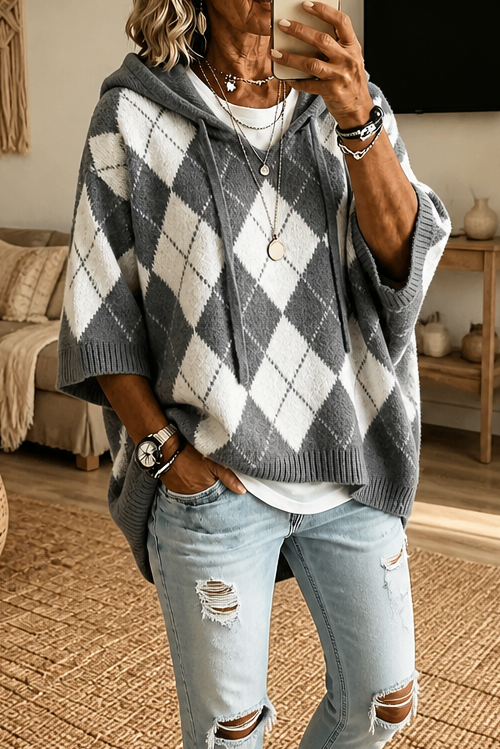 Wrapbella – Tröja Poncho z Kapturem w Mönster Argyle