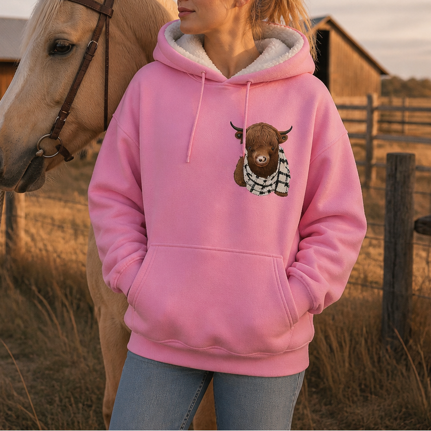 Highland Hearth – Tröja z kapturem z polarem w środku z grafiką Highland Cow