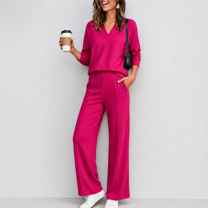 Wearbella – Set z dzianinowym topem w v-ringning i breda spodniami