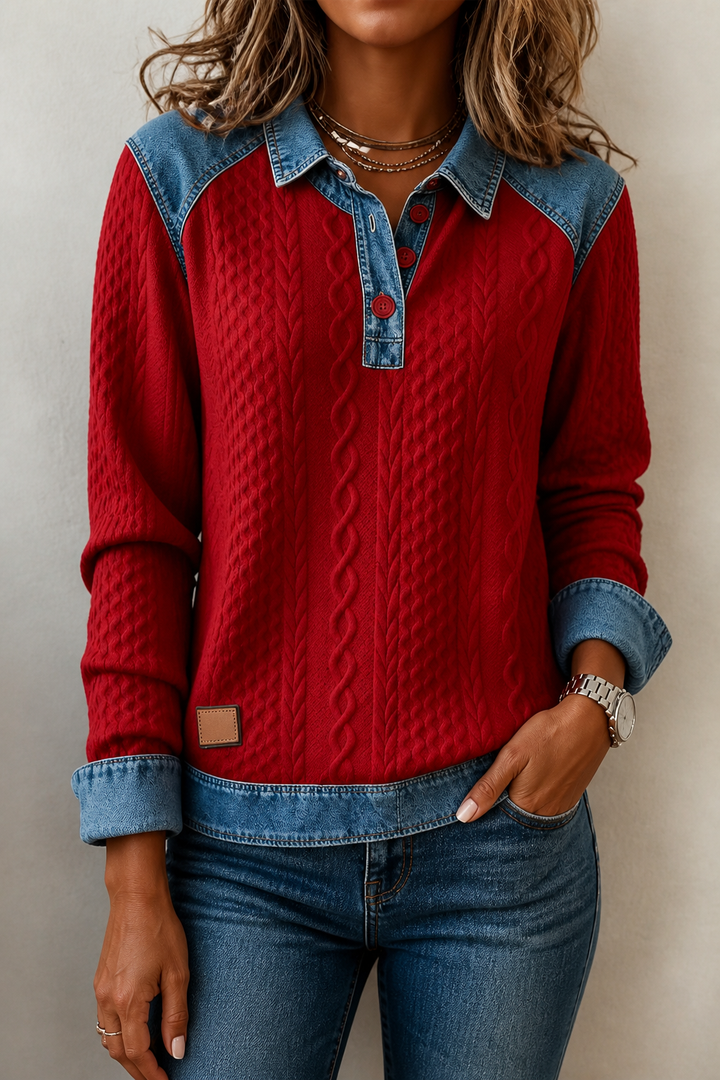 Layerlyn – Blus dzianinowa z denimu w patchworkowym wzorze