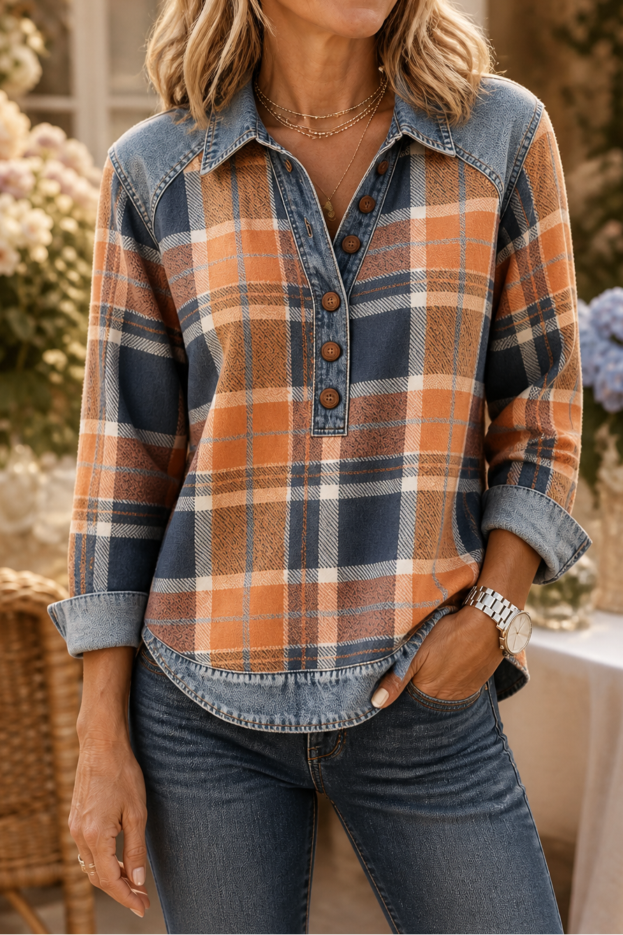 Layerlyn – Blus dzianinowa z denimu w patchworkowym wzorze