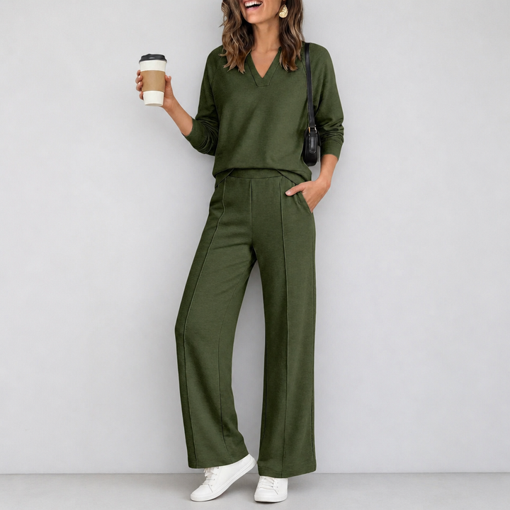 Wearbella – Set z dzianinowym topem w v-ringning i breda spodniami