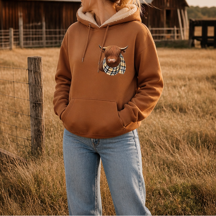 Highland Hearth – Tröja z kapturem z polarem w środku z grafiką Highland Cow