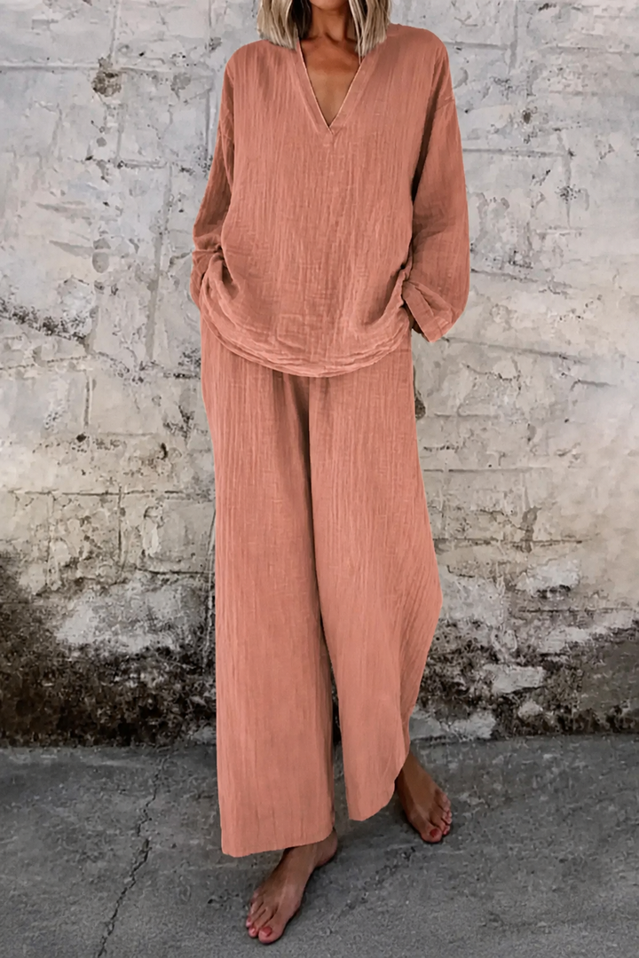 Wearbella – Set topu z urringning w v-ringning i byxor szerokich