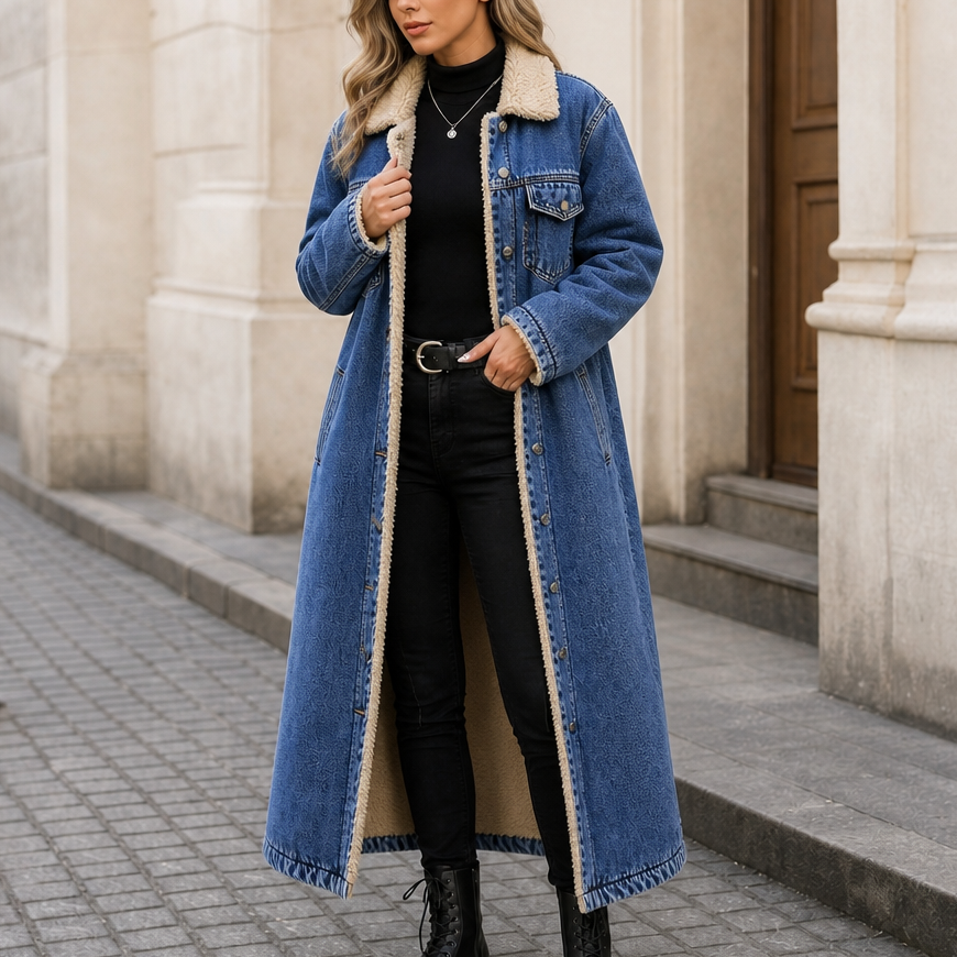 Denora – Lång kappa dżinsowy z podszewką z teddy