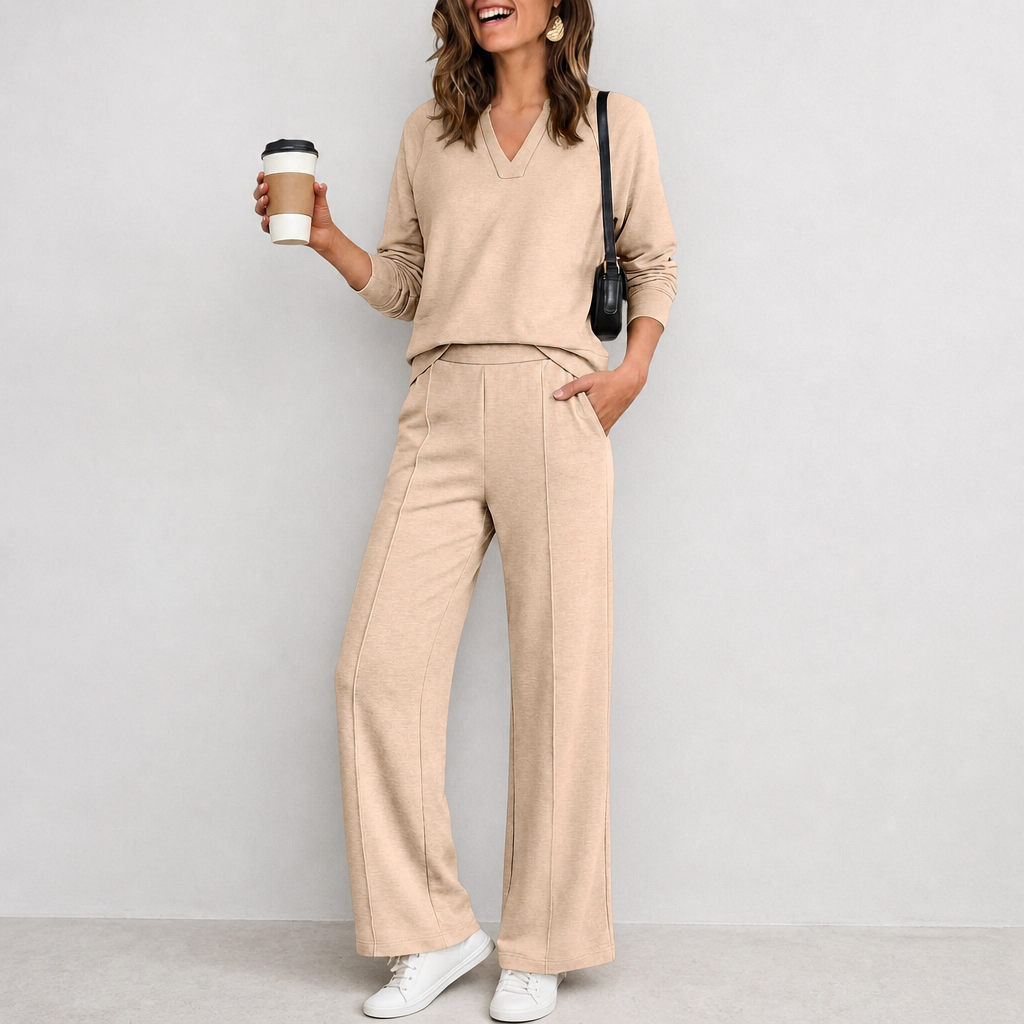 Wearbella – Set z dzianinowym topem w v-ringning i breda spodniami