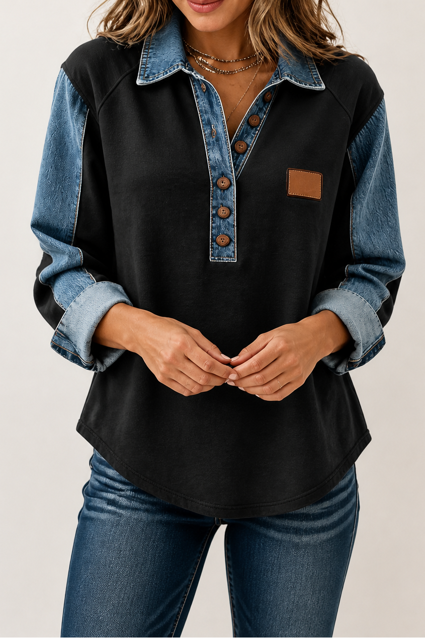 Layerlyn – Blus dzianinowa z denimu w patchworkowym wzorze