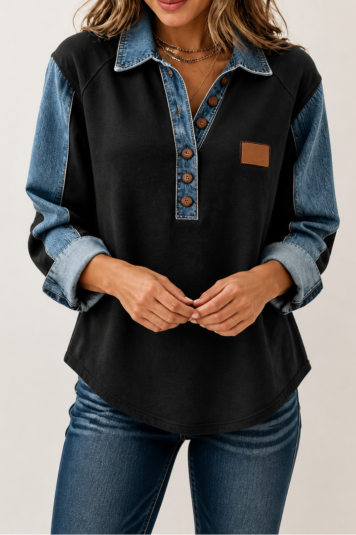 Layerlyn – Blus dzianinowa z denimu w patchworkowym wzorze
