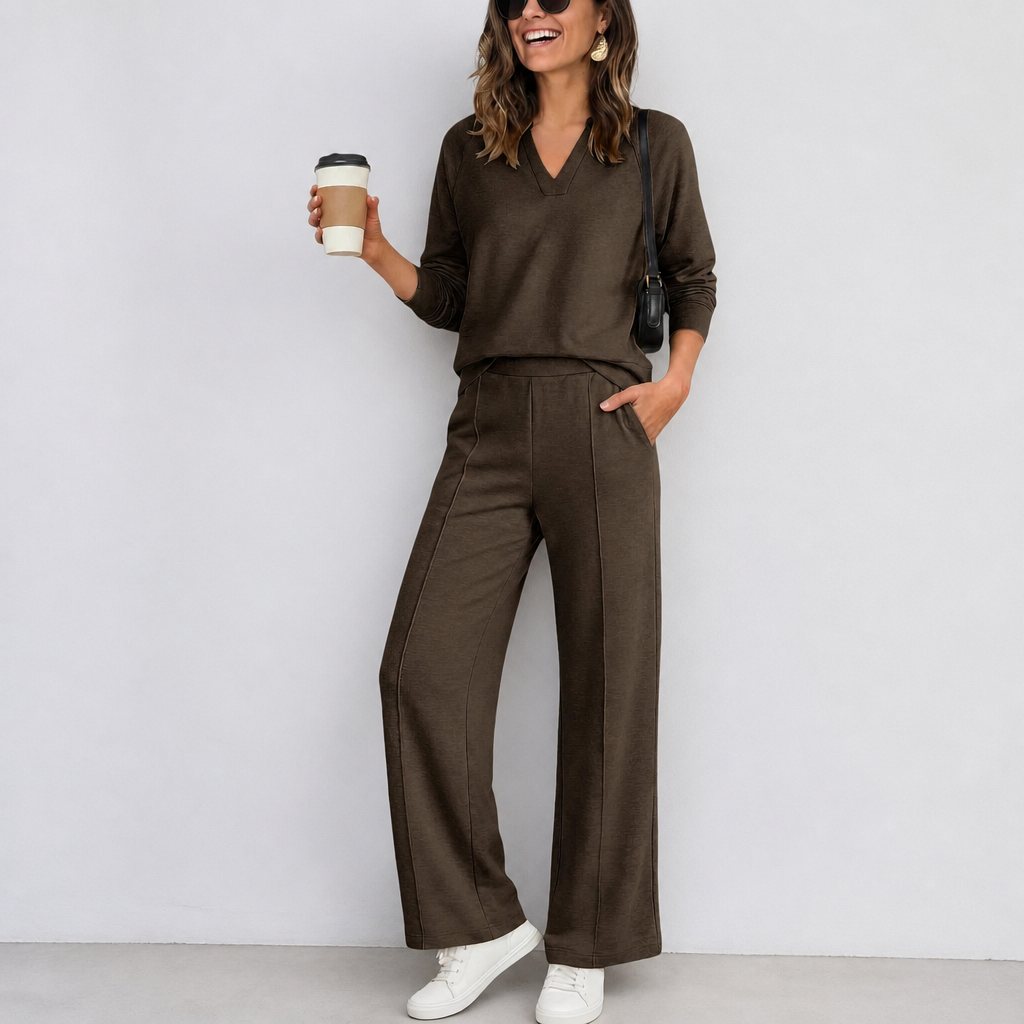 Wearbella – Set z dzianinowym topem w v-ringning i breda spodniami
