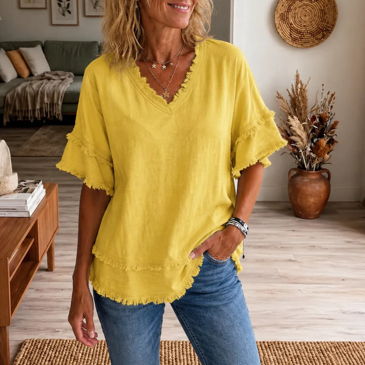 Lorelei – Boho T-shirt z frędzlami w dekolcie V för kvinnor, lös passform maskujący mage